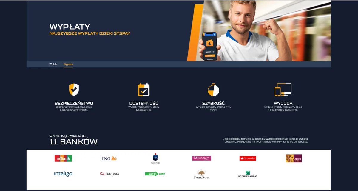 Sekcja wypłat z listą obsługiwanych banków